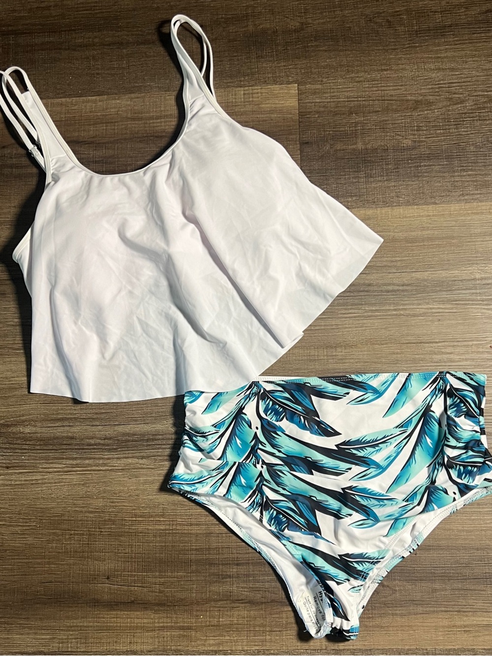 White Tankini Top with Blue Tropical High-Waist Bottoms